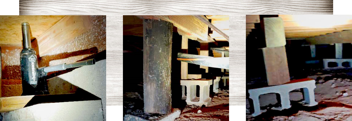 Improper structural repair with jack, tree trunk and stacked bricks.